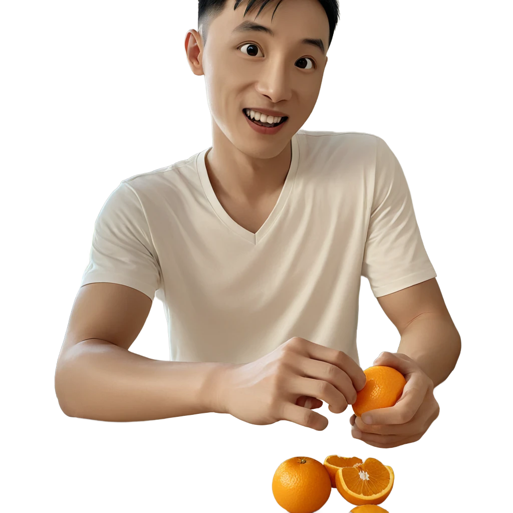 boy with mandarin oranges indoors emoji