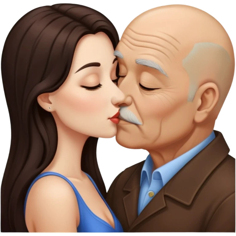Beautiful woman with long dark hair, kissing a brown old bald man emoji