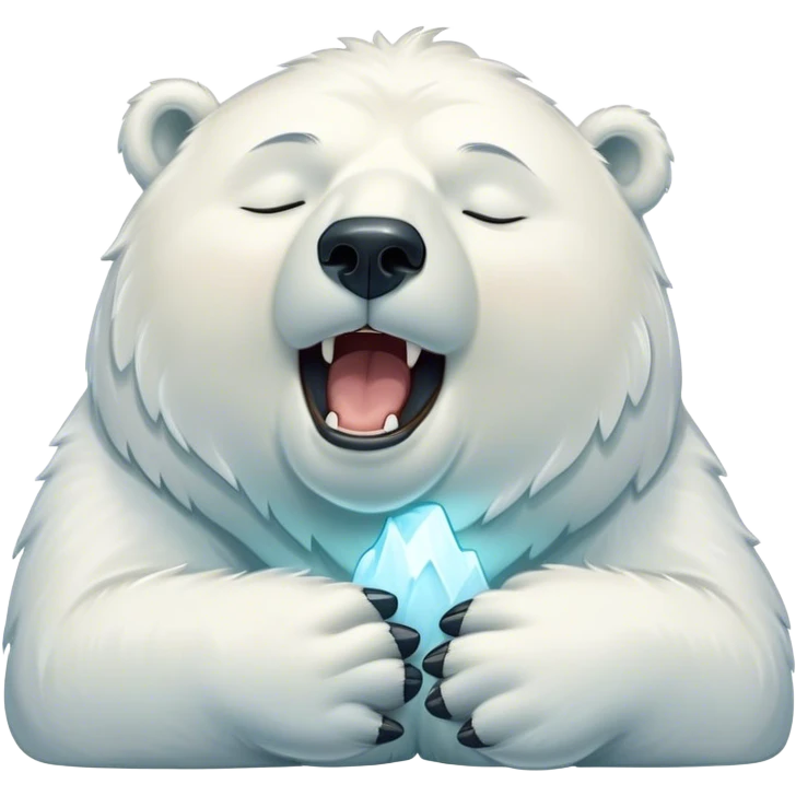 Cinematic Cute Yawning Polar Bear Portrait Emoji, Head tilted slightly with a dramatic, wide-open yawn, showcasing luxuriously thick fur and sleepy, half-closed eyes radiating drowsy contentment, Simplified yet irresistibly adorable features, highly detailed, glowing with a soft, cozy polar light, high shine, relaxed yet expressive, stylized with a dash of whimsical arctic charm, soft glowing outline, capturing the essence of a drowsy yet affectionate guardian that seems ready to stretch out for a nap! emoji