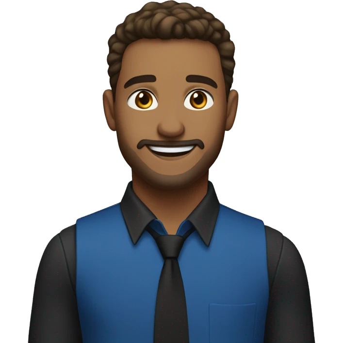 A man who looks about 25 years old, light-skinned with well-groomed brown hair and a slight goatee. He is wearing a blue shirt, a gold tie, and a black vest. He is smiling. emoji