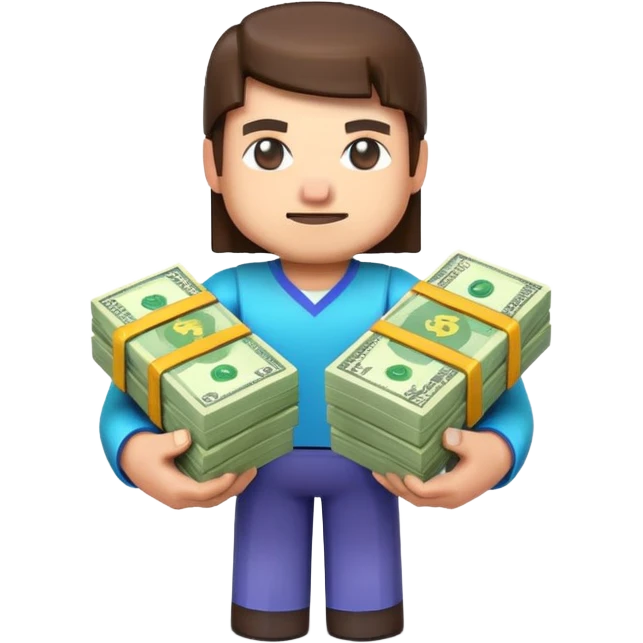 emoji style icon, minecraft blocky character holding a stack of money, pixel art style, bright colors, simple background, 3D glossy emoji, centered composition, soft shadow, high detail, clean outline, white background emoji