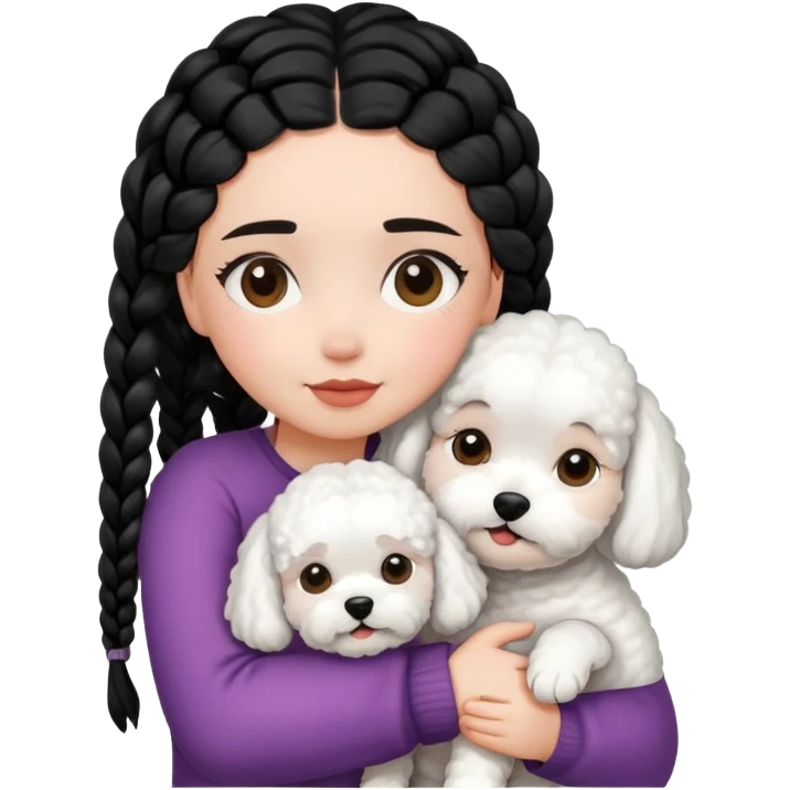 A girl with the black braids,hugging a Bichon frise emoji