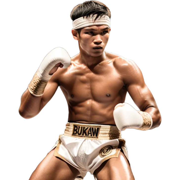 ​Cinematic Realistic Traditional Muay Thai Fighter such as Buakaw Banchamek, depicted in authentic attire featuring white bandaged gloves wrapped around his fists, a traditional headband tied neatly, and classic Muay Thai shorts, captured in a dynamic fighting stance under dramatic, high-energy lighting that highlights the raw power and elegance of the art, emoji