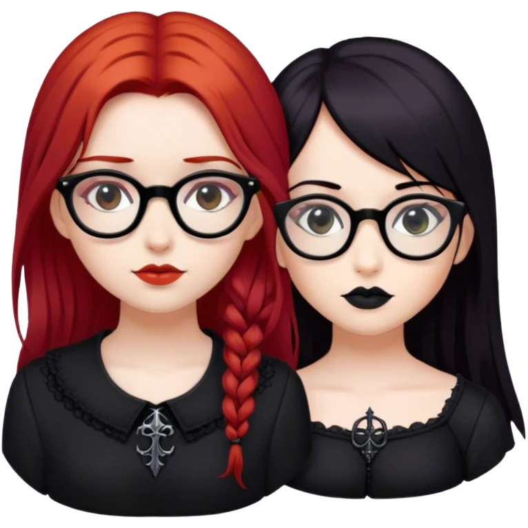 red hair girl, glasses and gothic with a black haired girl, basic emoji