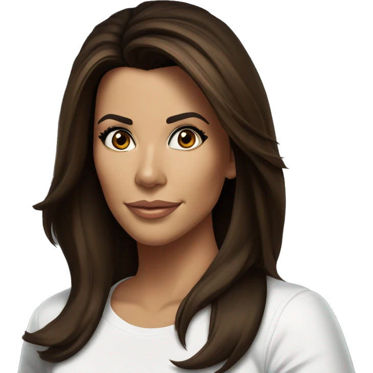 3/4 face, contrasted, shadow, light, Eva Longoria expression, standing from a distance, thin nose, brunette woman, hazel eyes, long eyelashes, dark shoulder shaded hair, white t-shirt, jeans, white sneakers emoji
