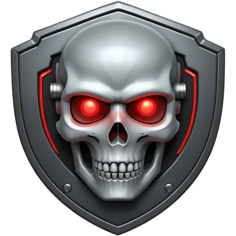 Sci-fi shield badge, terminator style skull, glowing red eyes, crossed futuristic starwars light sable, no background emoji