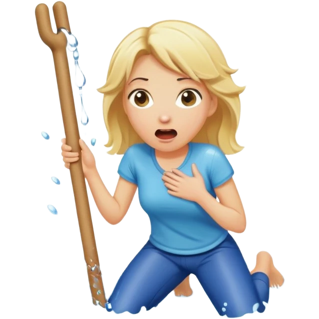 simple blond woman kneeling, surprised, big cartoon stick with D-shaped knob emerging from hanging pants, water splash into her mouth emoji