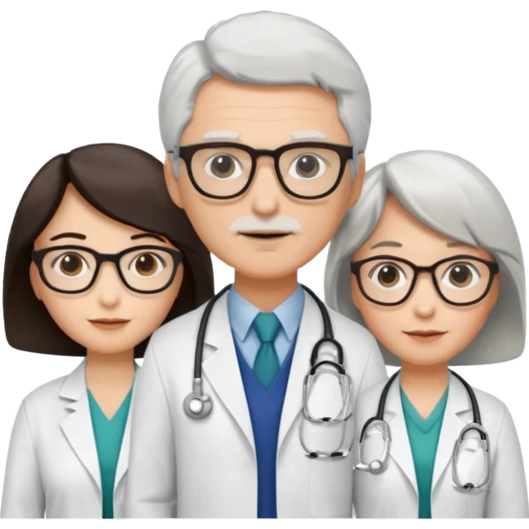 Four doctors standing together:

a female doctor with dark-colored short bob hair,

a young male doctor,

an older male doctor with white hair wearing glasses,

and a female doctor wearing glasses. emoji