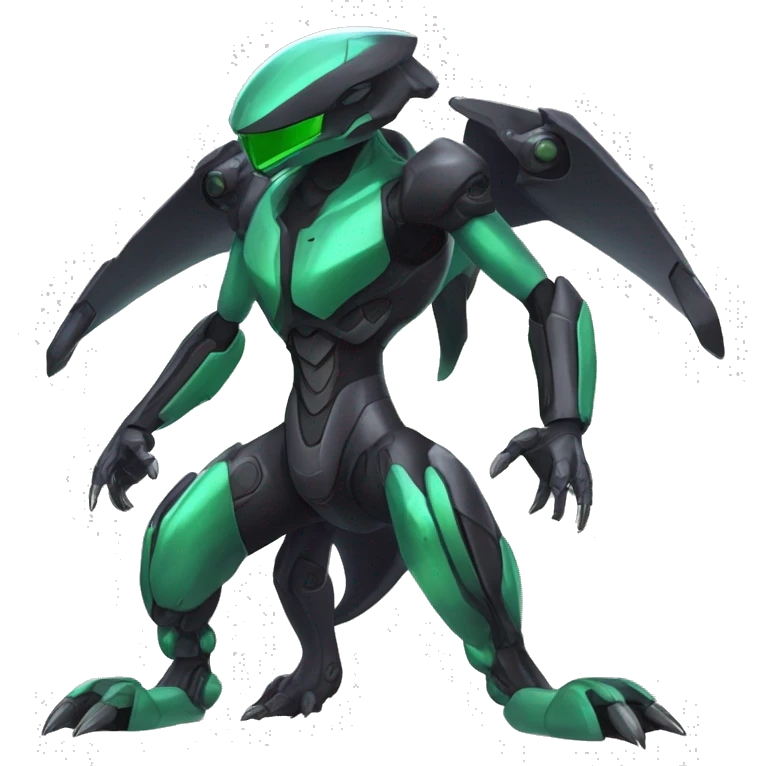 a shiny black-green Genesect-Raptor-Fakémon—hybrid with a futuristic visor-helmet full body emoji
