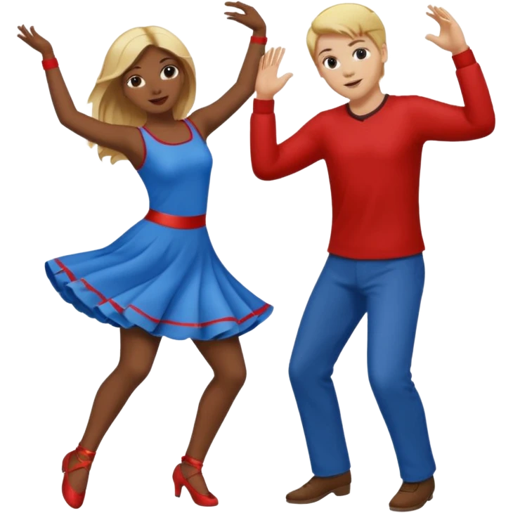 Two people dancing, one wearing red with blond hair and one wearing blue with brown hair and dark skin emoji