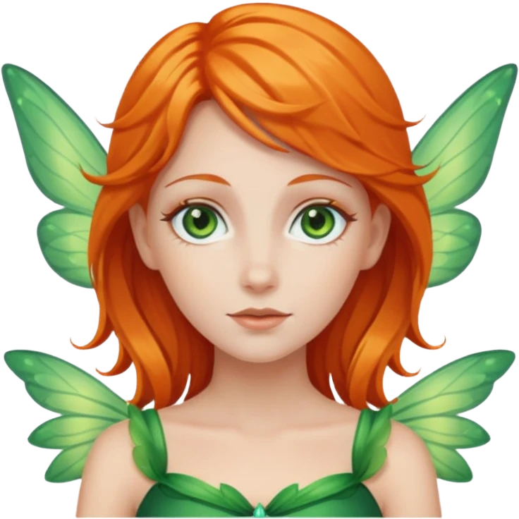 white woman, orange hair, green eyes, fairy emoji