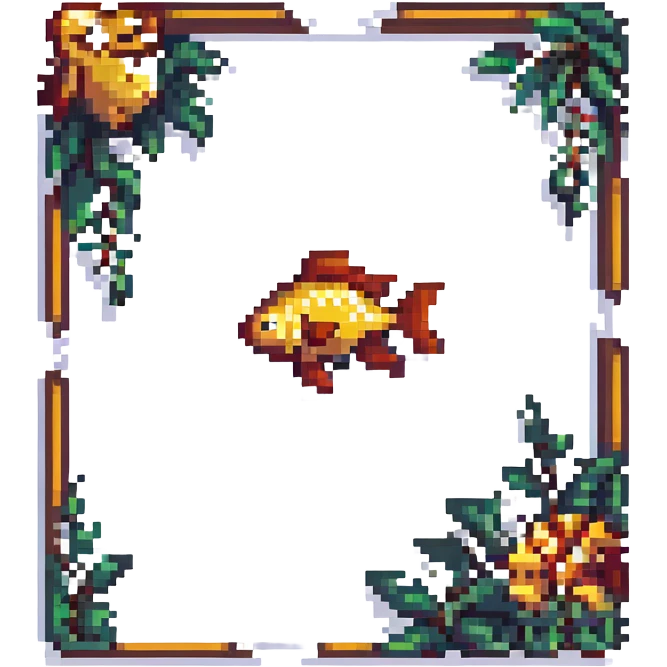 Transform the golden fish pixel art into a fancy seal or logo icon. Add elegant borders and a sense of prestige while maintaining the pixel art style. Keep the background transparent with no background fill. emoji