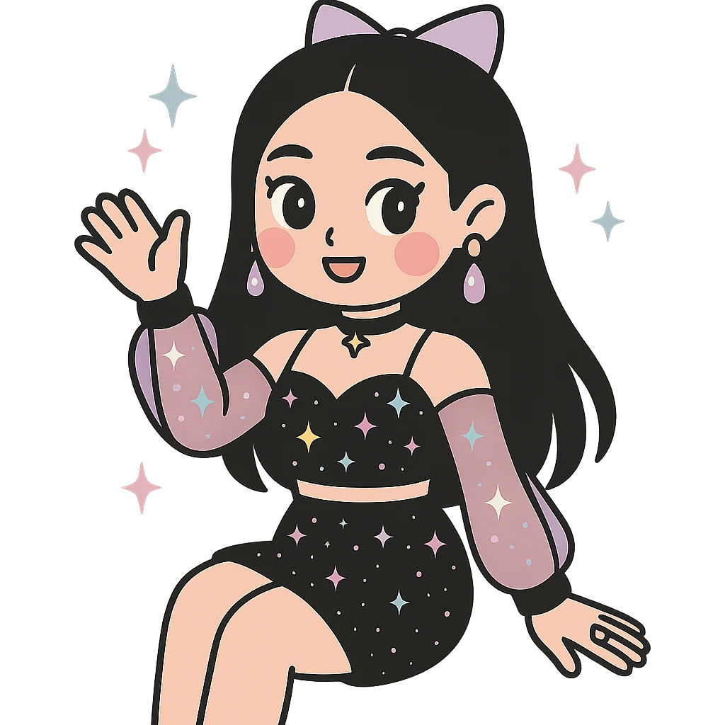Transform the image into a K-pop retro disco style with a sparkly gothic outfit and a fun pose. Preserve the transparent background. emoji