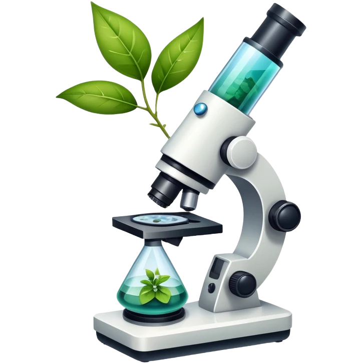An icon featuring a microscope, a DNA strand, and plant leaves, symbolizing biology. The design includes cells, a test tube with a plant sample, representing life sciences, ecosystems, and the study of organisms. Transparent background highlights the exploration of living systems. emoji