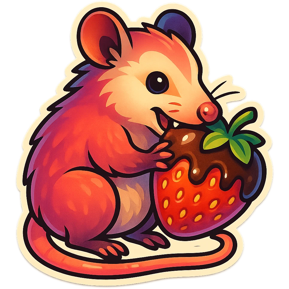 sticker style possum with strawberry-colored fur, eating a chocolate-covered strawberry, cute and playful, bright colors emoji