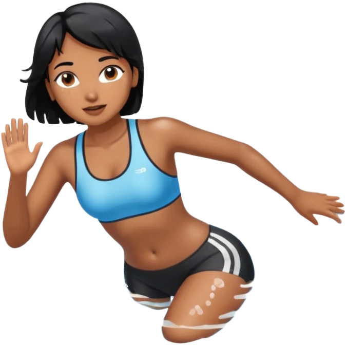 A girl swimming in Goan ocean. Girl should have black hair, clothes should be shorts and tank top or sports bra because she is Indian. Color should be brown like light dusky not dark emoji