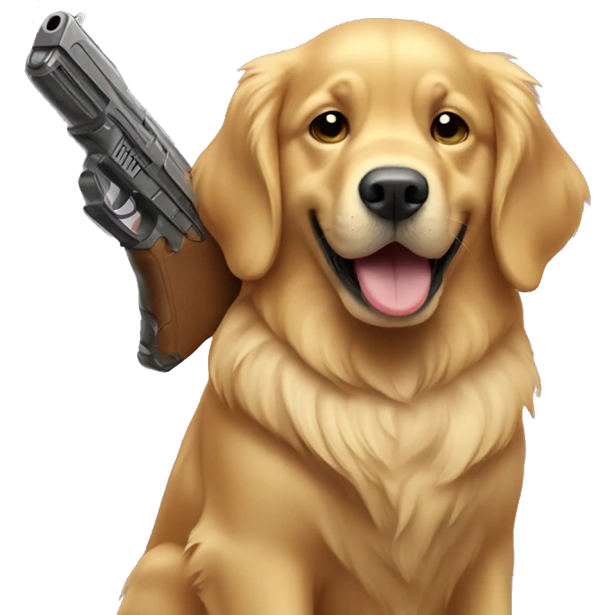 Golden retriever holding a toy gun emoji