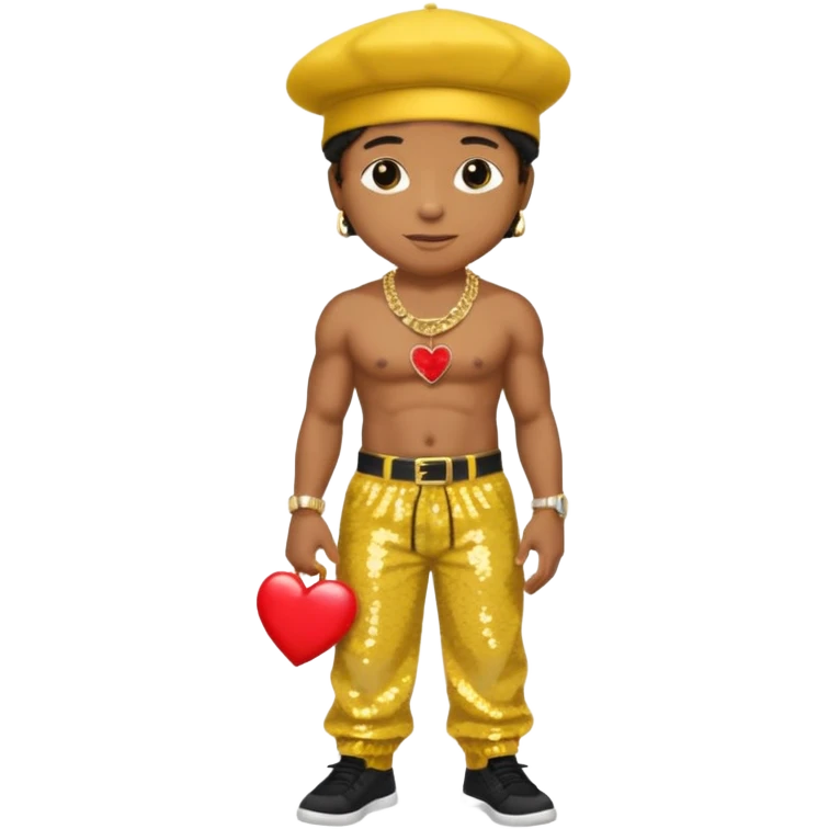 LL Cool J with yellow sequin baggy pants, shirtless with necklace with red heart, black hat emoji