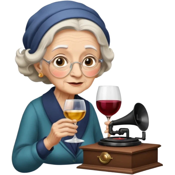 old lady with wineglass listening to gramophone emoji
