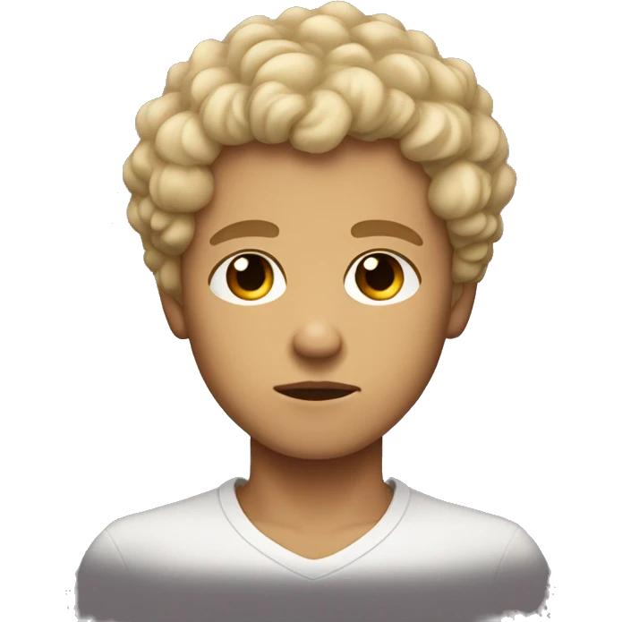black eyes, very very curly blonde short hair boy, serious face, tan skin emoji