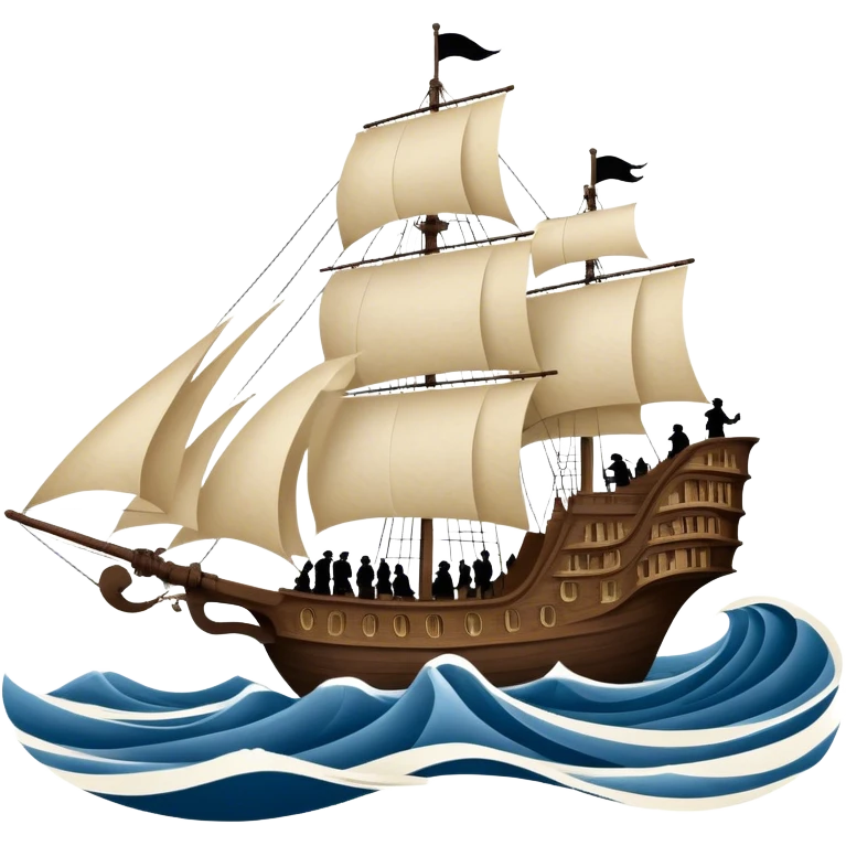 Reading Fiction: a sailing ship made of book pages floating on waves, with swashbuckling musketeers on horseback and a detective silhouette resembling Sherlock Holmes in the background. The icon should capture the adventurous and romantic spirit of classic literature. Transparent background. emoji