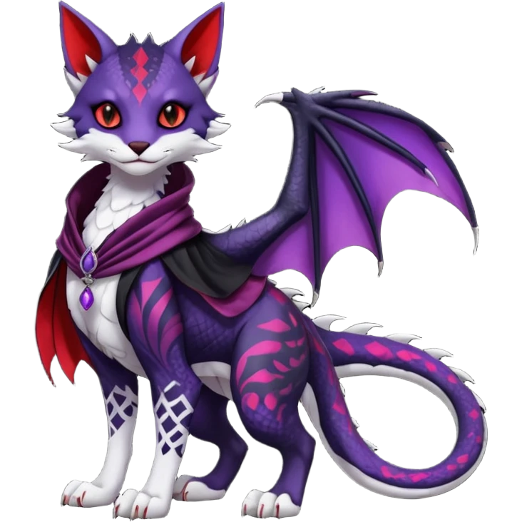 Kawaii feral, four-legged gothic dark badass black, red, purple, beautiful pretty elegant divine edgy feline-vernid-sergal-Haku-dragon-fursona-animal-creature, full body, with intricate detailed markings, silken shawl emoji