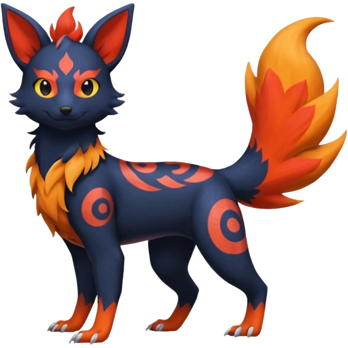 
Canine-Litten-Amaura-Salandit-Noibat-Flareon-Fakémon-fusion (full body) with intricate markings emoji