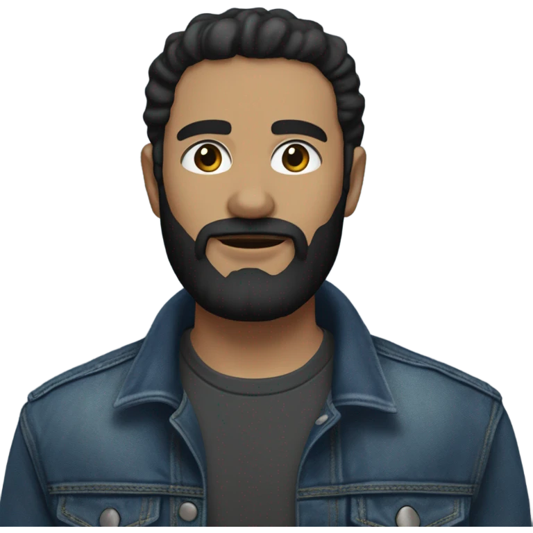 person with a black beard. No moustache. White skin tone. Nice black hair. Denim dark blue jacket emoji