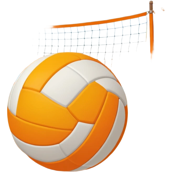 The scene captures a sunny sea beach atmosphere with clear blue sea and sky, palm trees swaying. A volleyball resting on the orange sand ground of a beach, with a volleyball net in the background.  emoji