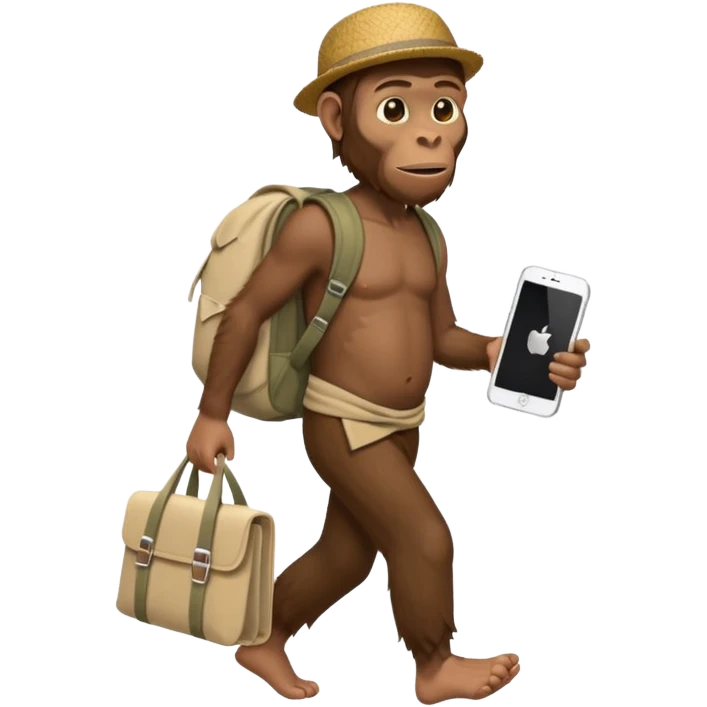 Draw an Australopithecus walking like a nomad, carrying a cloth bundle on its back and holding an iPhone and a laptop, in a cute flat iPhone emoji style. emoji