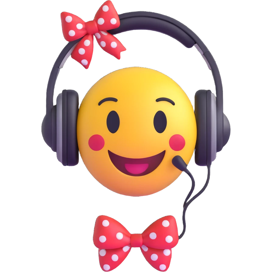 3D smiley emoji with big eyelashes, red polka dot bow, wearing headphones, singing with musical notes emoji