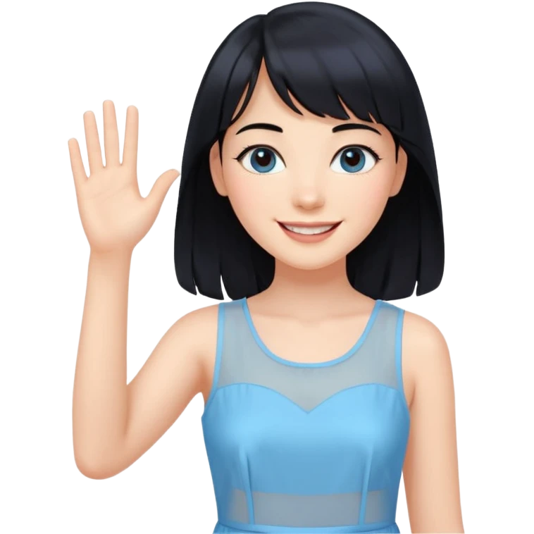 Cewe Romantis Kulit putih glowing, rambut hitam panjang  natural, poni see-through tipis. Pakai shift dress biru pastel terang senyum lembut sambil lihat ke samping. tangannya nyapa emoji