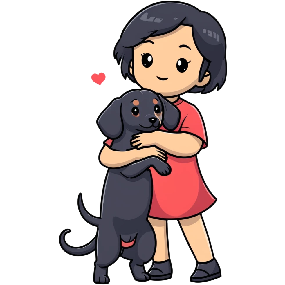 black hair asian girl hugging black dachshund emoji