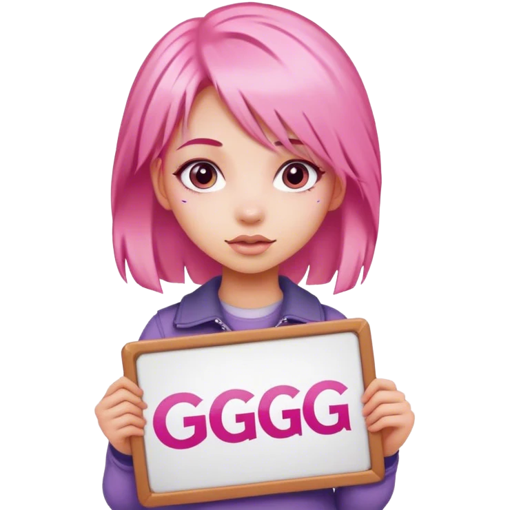 girl with pink hair, big sign, sign says GG emoji