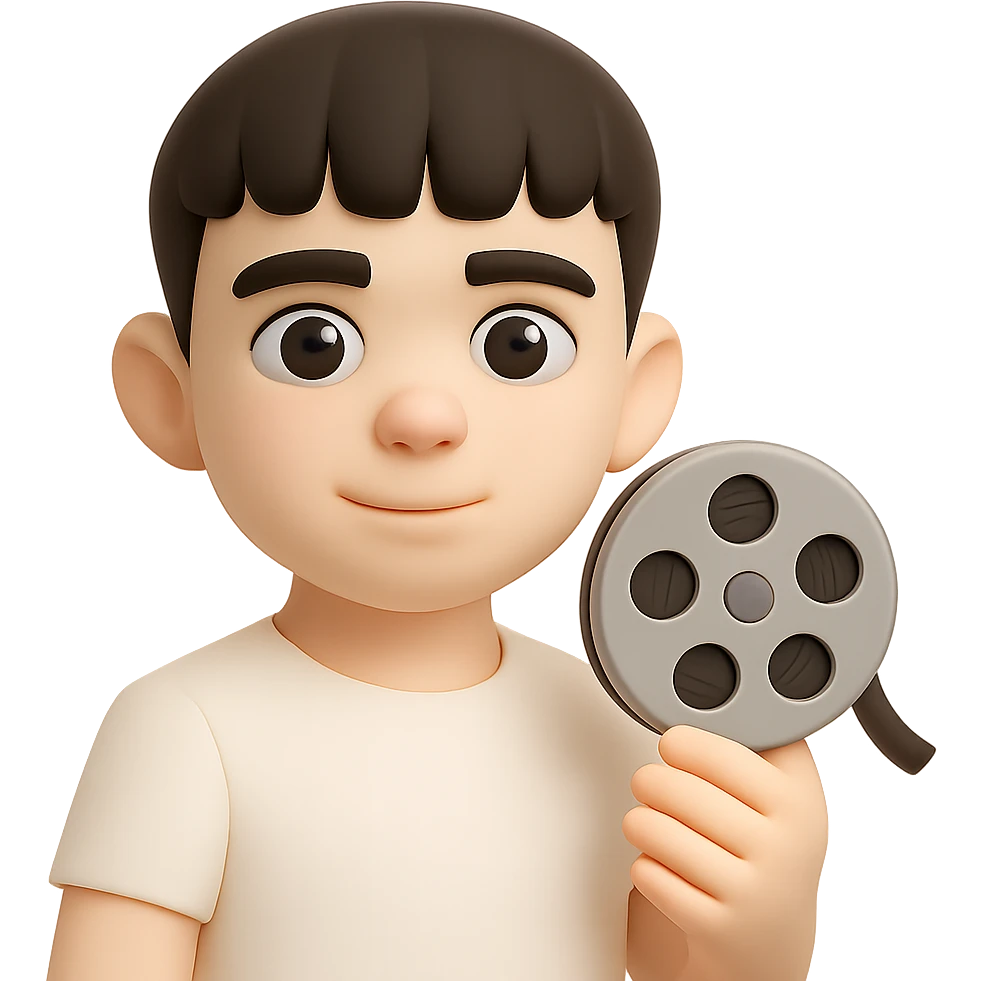 Make the character's skin tone lighter while keeping the same 3D cartoon style. Keep the film reel and white shirt as they are. Preserve the transparent background. The style should resemble a 3D fluent emoji style with a cartoonish look. emoji