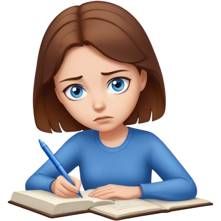 female writer, romantic, with brown hair, fair skin and blue eyes writing a book with a worried face emoji