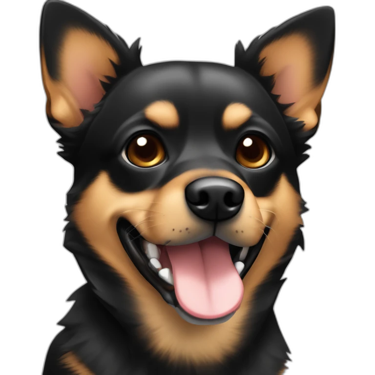 black brown mutt dog that with small german shephard head but larger chihuahua eyes and large overbite with left upper sharp canine tooth a bit crooked and sticking out mouth emoji
