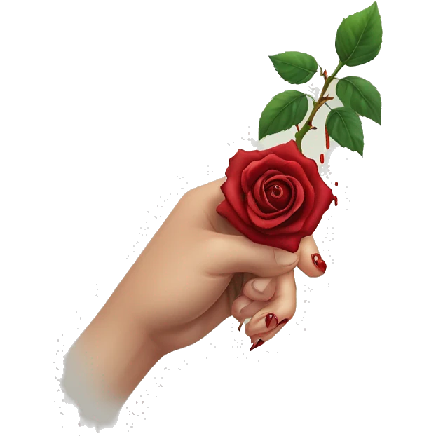 An image of a hand holding a rose, with a thorn piercing the skin, showing a small drop of blood, symbolizing the pain of beauty or love emoji