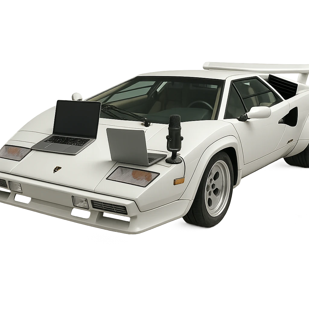 Lamborghini Countach with a laptop and recording microphone on the hood emoji