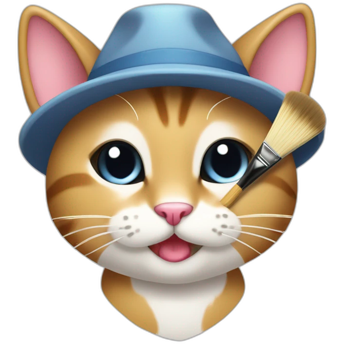 Kawaii cat artist in hat with palette and brush so it can be used as a mouse cursor emoji