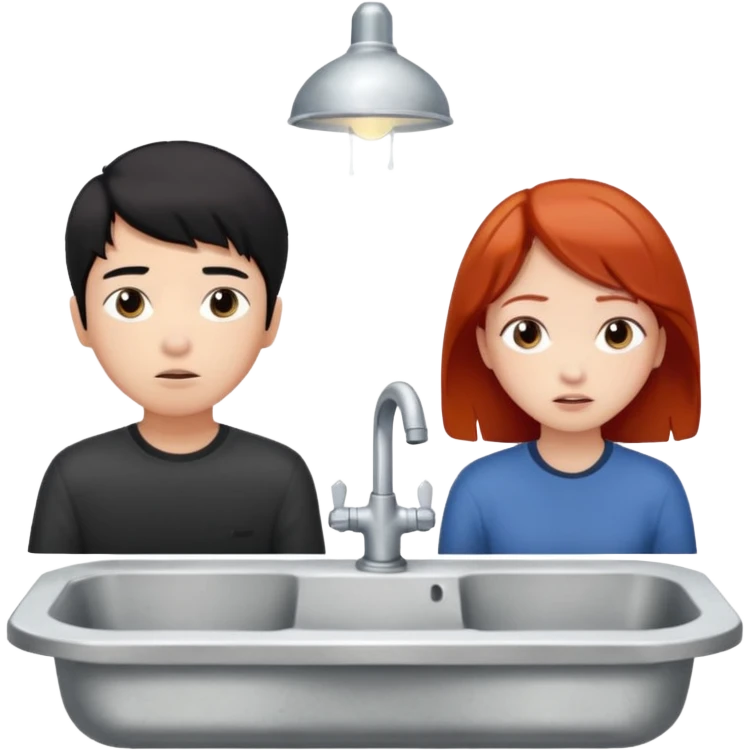asian black haired boy watches tv with redhead girlfriend by broken sink emoji