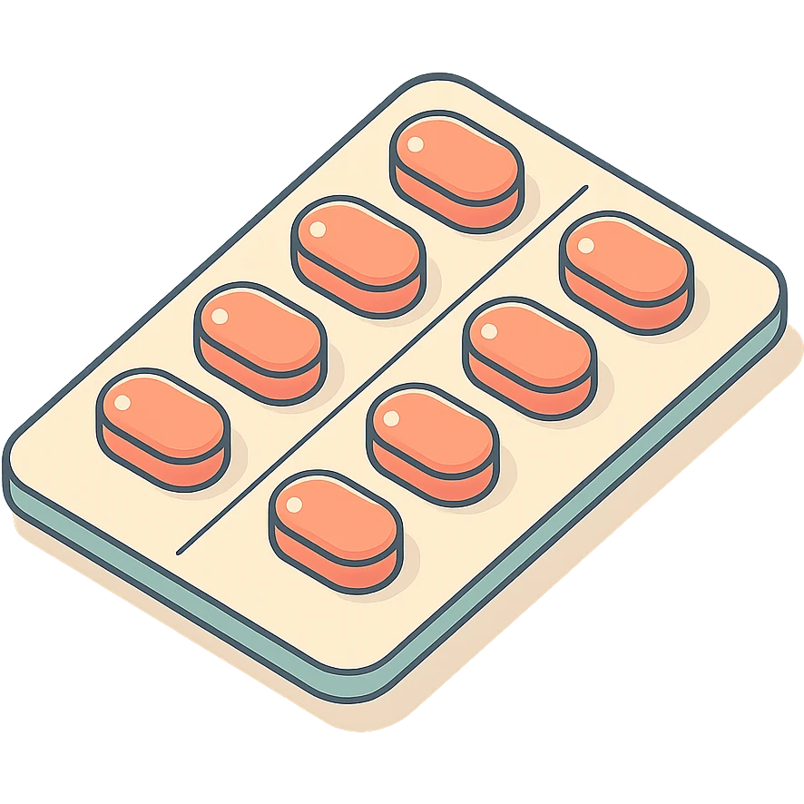 blister pack with oval pills, 2D isometric style, soft rounded shapes, clean contours, pastel palette, detailed shadows and highlights, modern illustration emoji