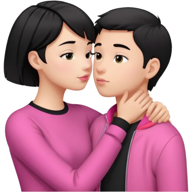 Un emoji de una. Chica linda adolescente vestido rosado pelo corto negro casi por los hombros besando a un chico lindo de pelo y ropa moderna emoji