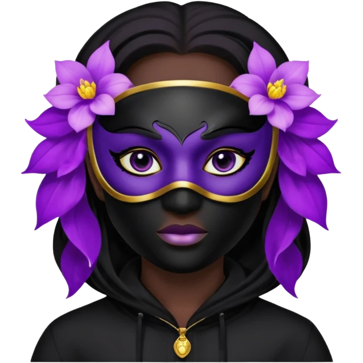 no visible face non human cartoon character related to a shadow, with all black clothes, focusing a black hoodie, and a black versace face mask covering his entire face, just his purple shadow eyes making a light bloom emoji