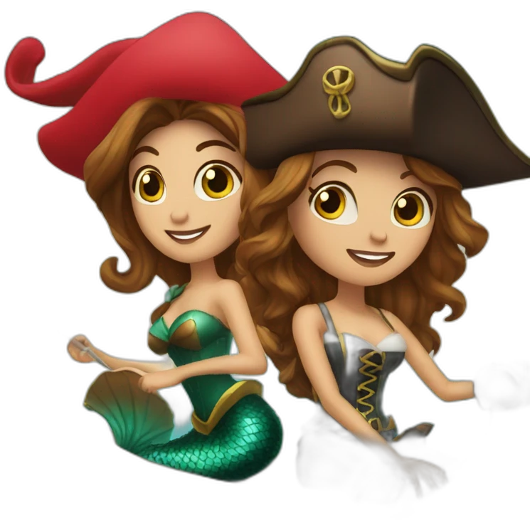Brown haired mermaid and woman pirate in Santa’s sleigh emoji