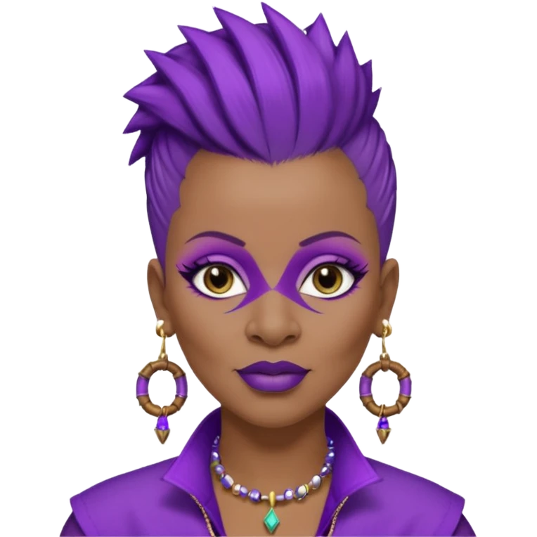 57yr old Qeen black woman with a natural hair mohawk style haircut adorning purple royalty clothing and purle lipstick and eyeshadow purple with a nose ring studs on each side. Wearing bamboo earr emoji