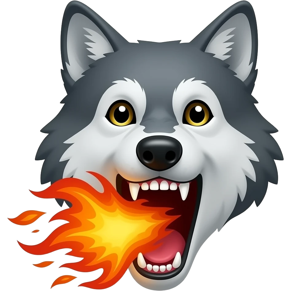 A wolf screaming with fire coming out of its head, it looks surprised (only the head) emoji