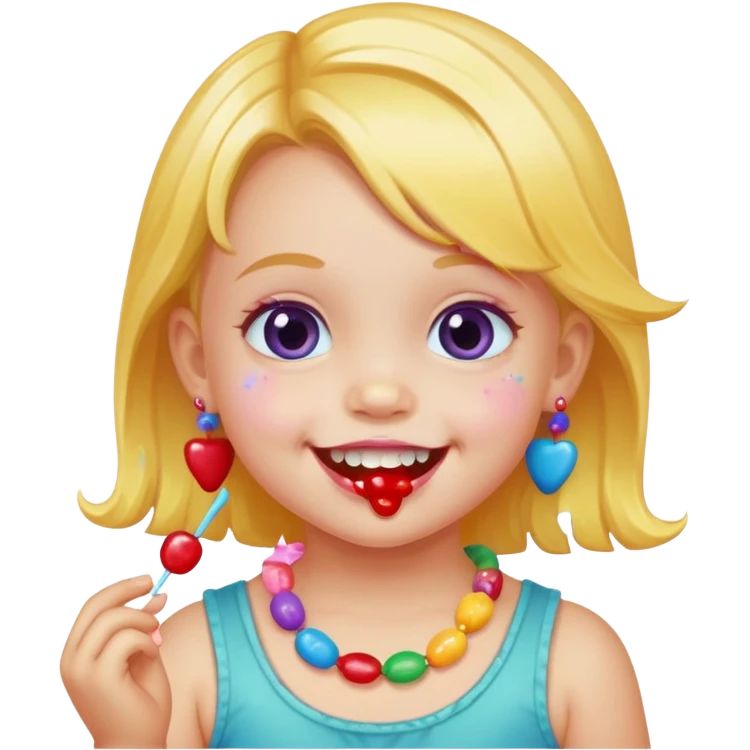 A toddler with candy necklace, grinning with colorful sugar stains on her mouth. emoji