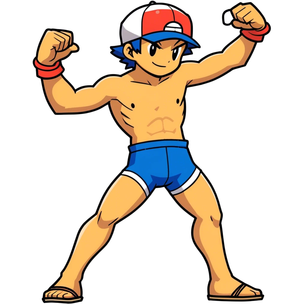 Hot handsome muscular 6ft 5inch tall smiling happy fun shirtless Ash Ketchum dancing to techno with two best friends in short swimwear emoji