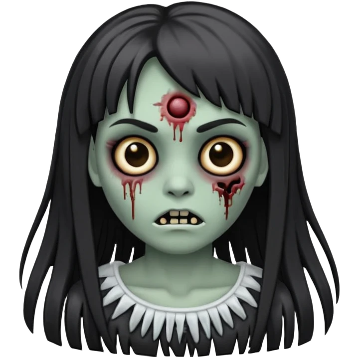 Faz uma zombie feminina com a pele clara igual de zombie, mas não tão clara, deixa ela com a clavícula marcada, cabelo comprido preto e com franja, sombracelha FINA e faz um risquinho na sombracelha do lado esquerdo. Não se esquece de colocar uns machucados no rosto dela emoji